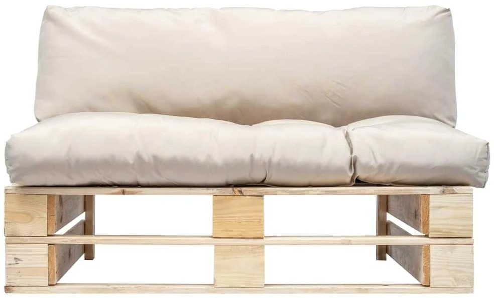 Sodo sofa iš palečių su smėlio pagalvėlėmis, pušies mediena