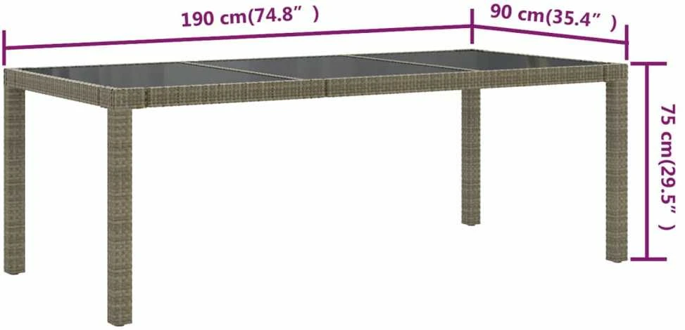 Sodo stalas, pilkas, 190x90x75cm, grūdintas stiklas/poliratanas