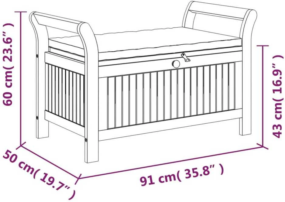 Sodo suoliukas-daiktadėžė su pagalvėle, 91cm, akacijos masyvas