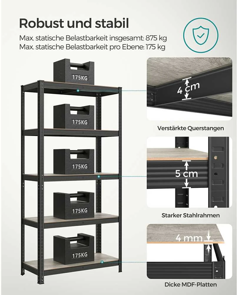 Songmics Reguliuojama stovinti lentyna su 5 lentynomis 40 x 90 x 180 cm Pilkai juoda