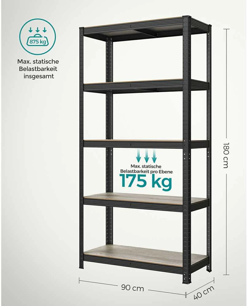 Songmics Reguliuojama stovinti lentyna su 5 lentynomis 40 x 90 x 180 cm Pilkai juoda