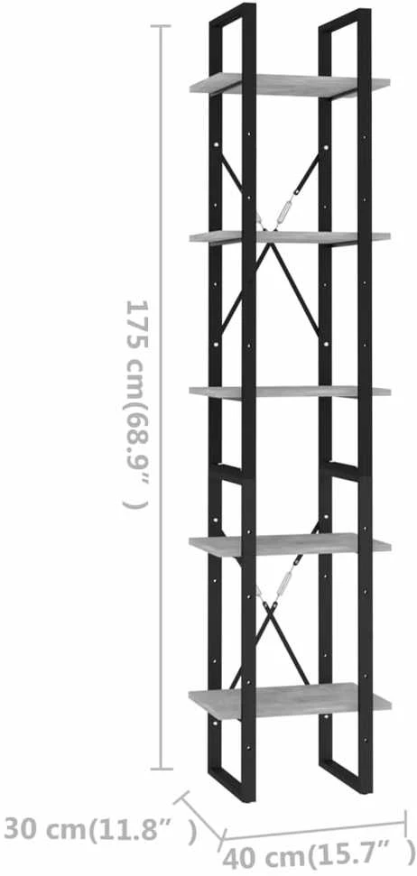 Spintelė knygoms, 5 lentynos, betono, 40x30x175cm, mediena