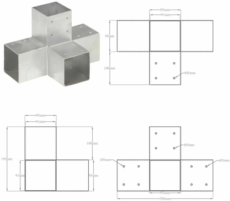 Stulpų sujungimai, 4vnt., 91x91mm, metalas, X formos