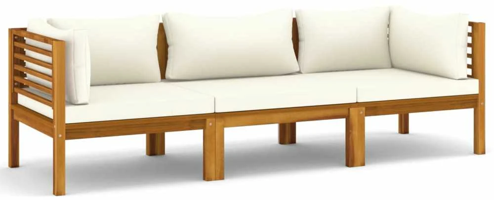 Trivietė sodo sofa su kreminėmis pagalvėlėmis, akacijos masyvas