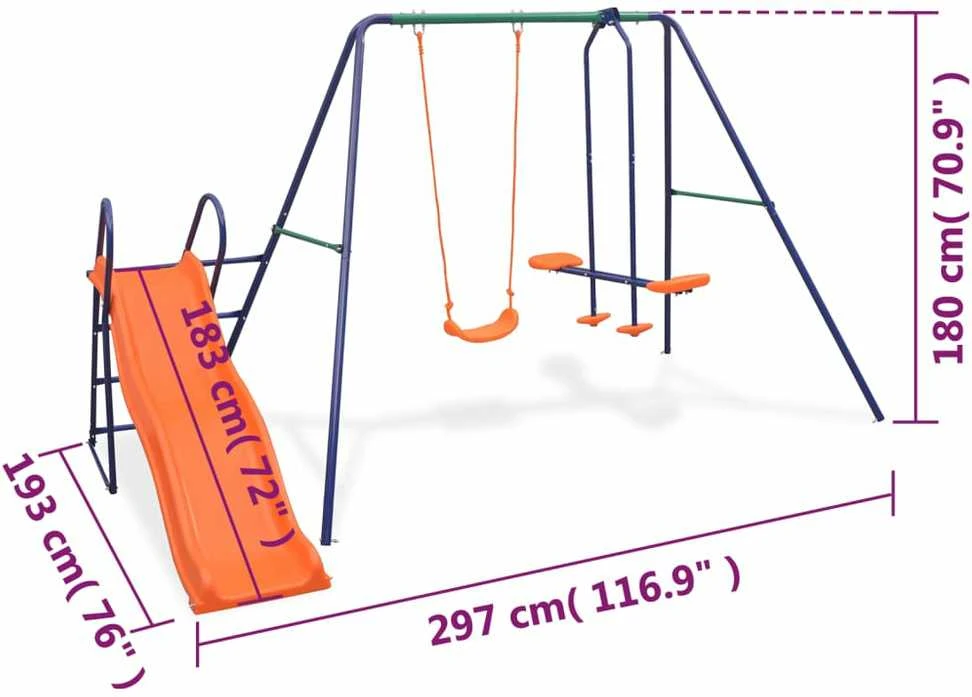 Sūpynių komplektas su čiuožykla ir 3 sėdynėmis, oranžinis