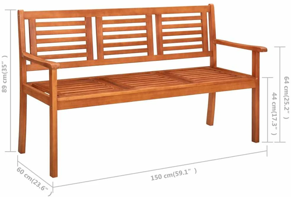 Trivietis sodo suoliukas su pagalve, 150cm, eukalipto masyvas