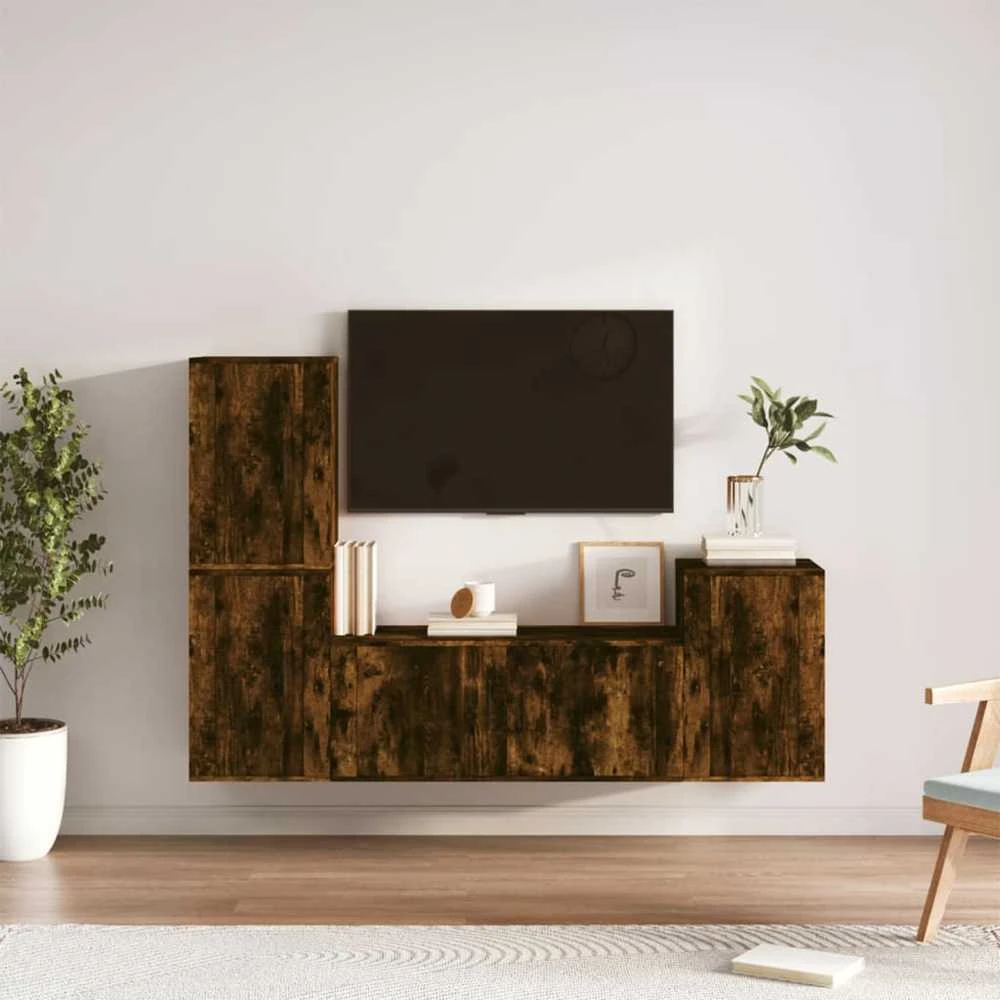 TV staliukas TV spintelių komplektas, 4 dalių, dūminio ąžuolo, mediena