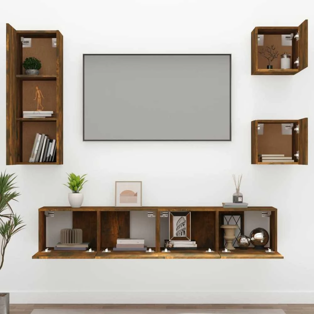 TV staliukas TV spintelių komplektas, 5 dalių, dūminio ąžuolo, mediena