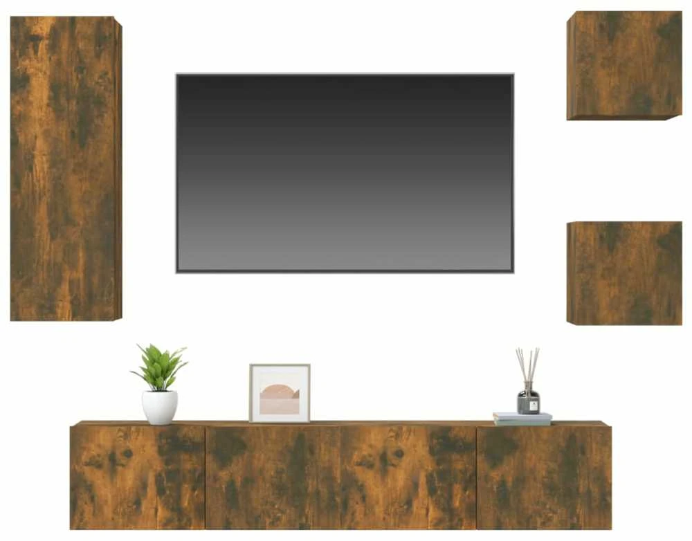 TV staliukas TV spintelių komplektas, 5 dalių, dūminio ąžuolo, mediena