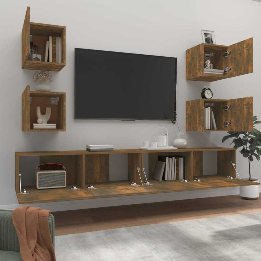 TV staliukas TV spintelių komplektas, 6 dalių, dūminio ąžuolo, mediena