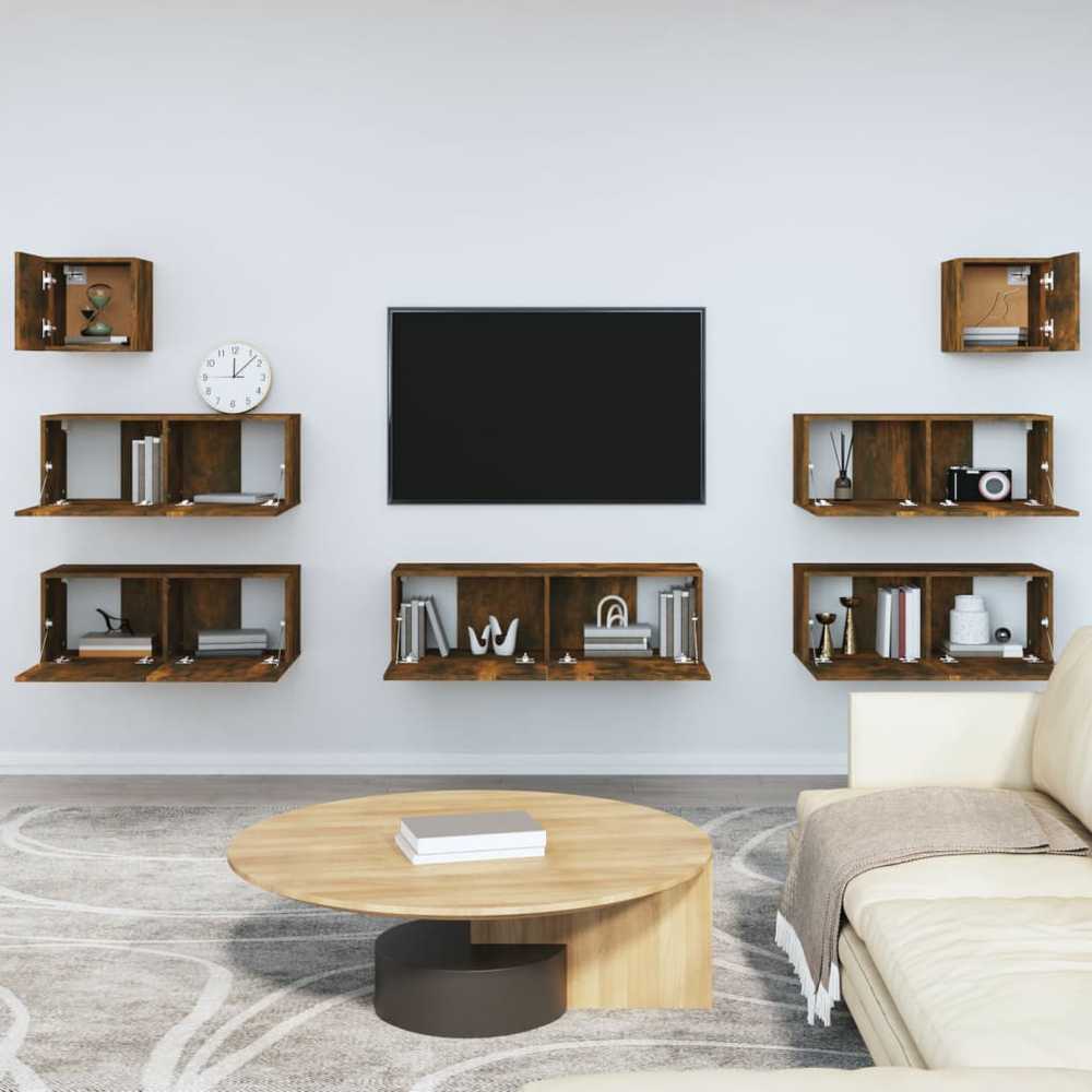 TV staliukas TV spintelių komplektas, 7 dalių, dūminio ąžuolo, mediena
