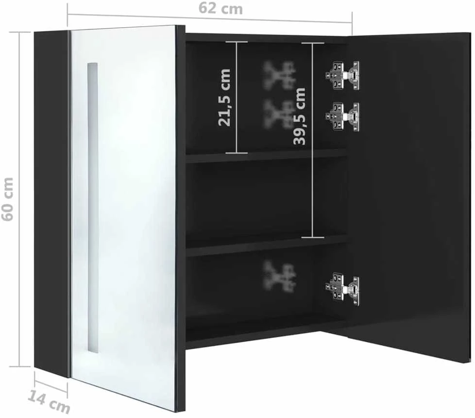 Veidrodinė vonios spintelė su LED apšvietimu, juoda, 62x14x60cm