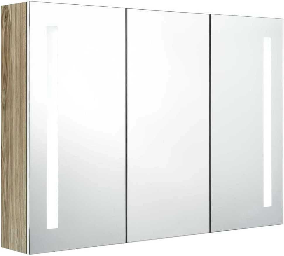 Veidrodinė vonios spintelė su LED, balta ir ąžuolo, 89x14x62cm