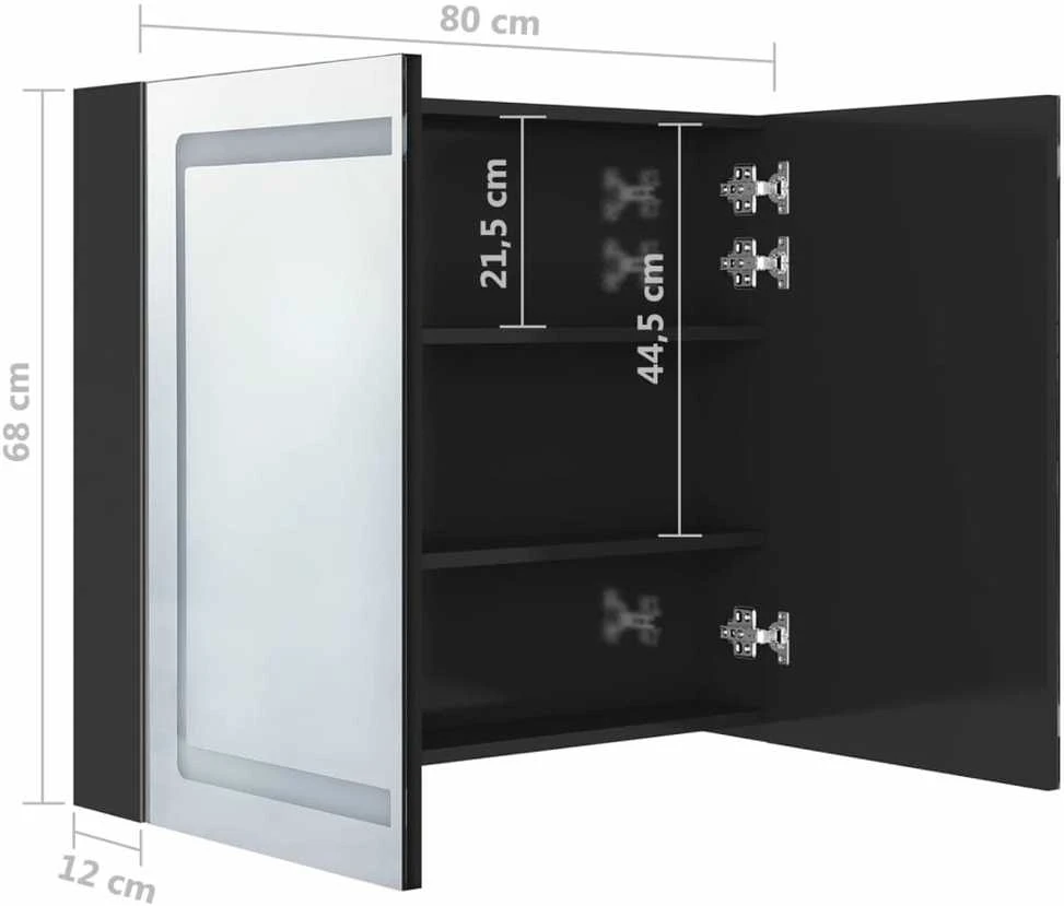 Veidrodinė vonios spintelė su LED, juoda, 80x12x68cm, blizgi