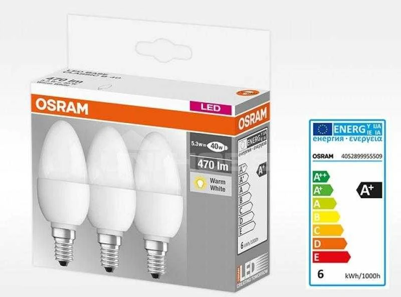 Osram Classic B, 5.7W, E14, 470lm, 3 vnt.