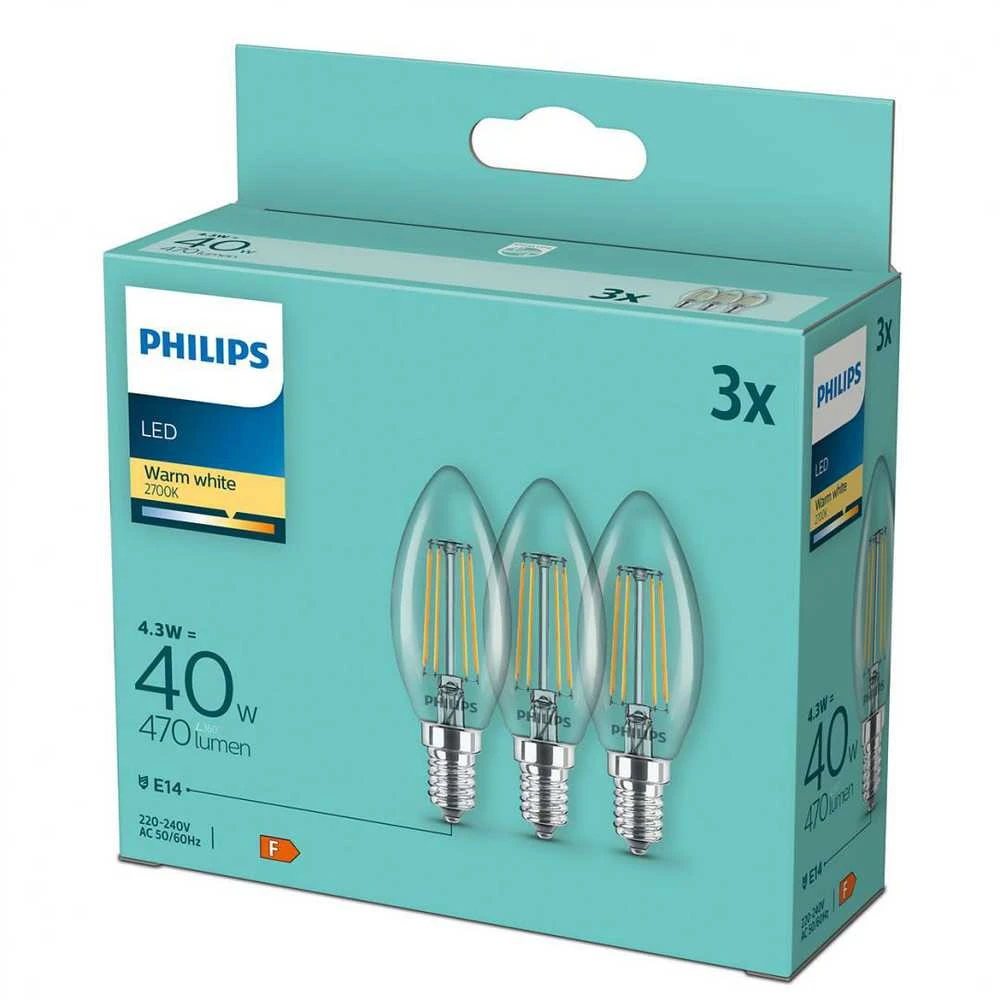 Philips Żarówka LED , E14, 4.3W, 470lm 2700K 3 vnt.