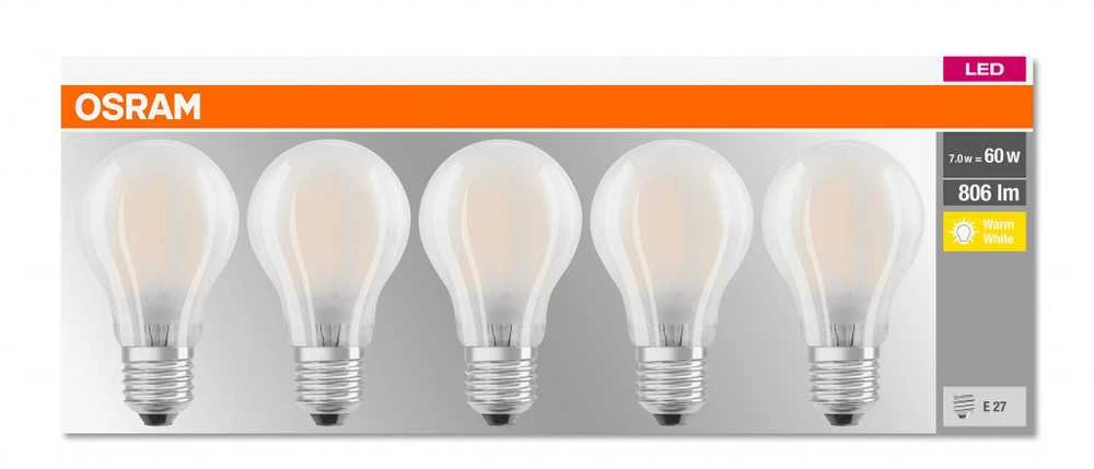 Ledvance OSRAM LED BASE CL A GL Fros. 7W 827 E27 806lm 2700K (CRI 80) 10000h A++ (Krabička 5ks)