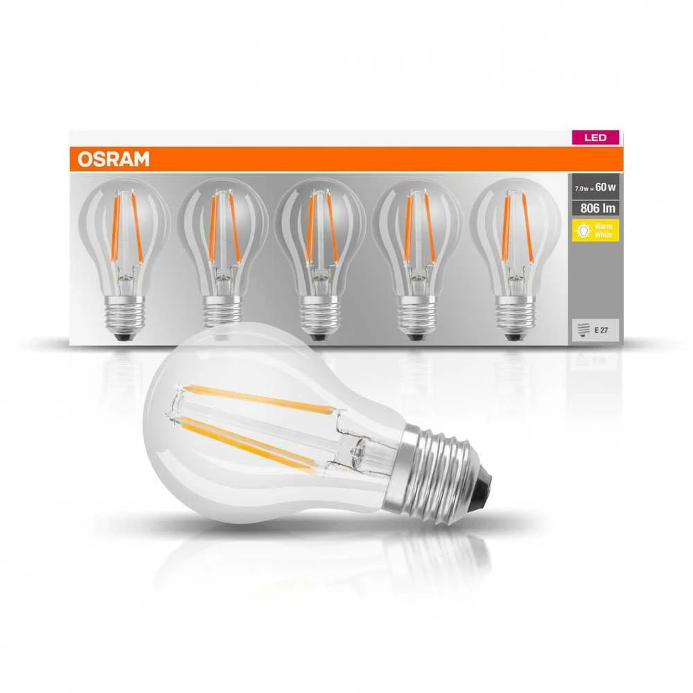 Ledvance OSRAM LED BASE CL A kaitinimo siūlas 7W 827 E27 806lm 2700K (CRI 80) 10000h A++ (Krabička 5ks)