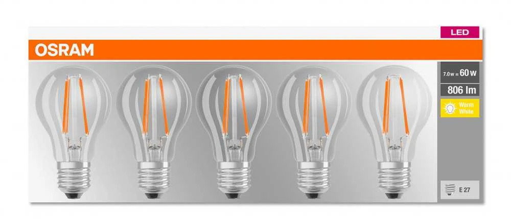 Ledvance OSRAM LED BASE CL A kaitinimo siūlas 7W 827 E27 806lm 2700K (CRI 80) 10000h A++ (Krabička 5ks)