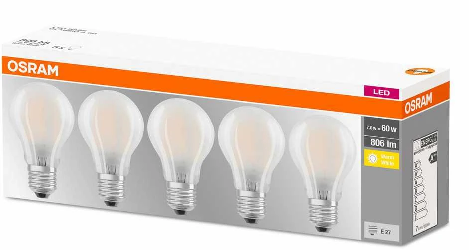 Ledvance OSRAM LED BASE CL A GL Fros. 7W 827 E27 806lm 2700K (CRI 80) 10000h A++ (Krabička 5ks)