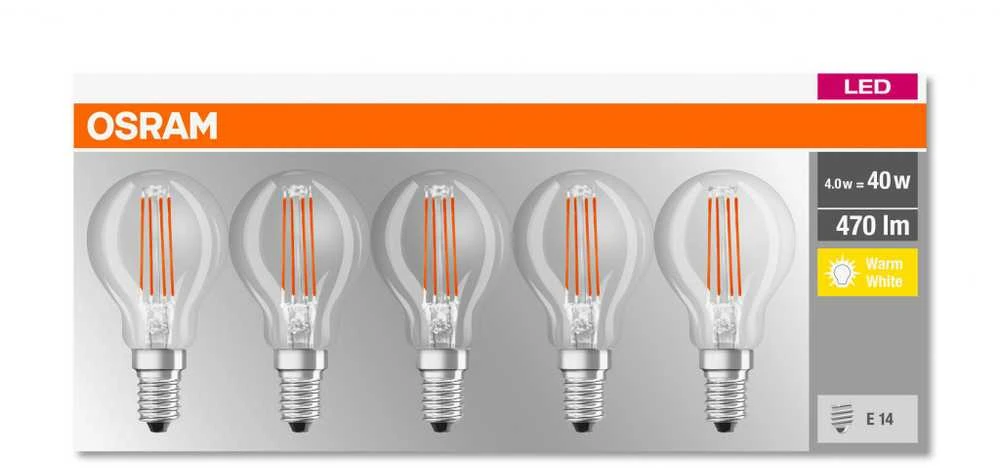Ledvance OSRAM LED BASE CL P Filament 4,5W 827 E14 470lm 2700K (CRI 80) 10000h A++ (Krabička 5ks)