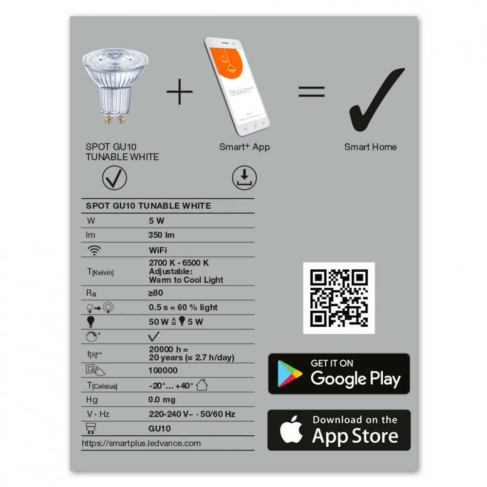 Ledvance SMART+ WiFi Spot Tunable Baltas 40 5W 45° 2700-6500K GU10