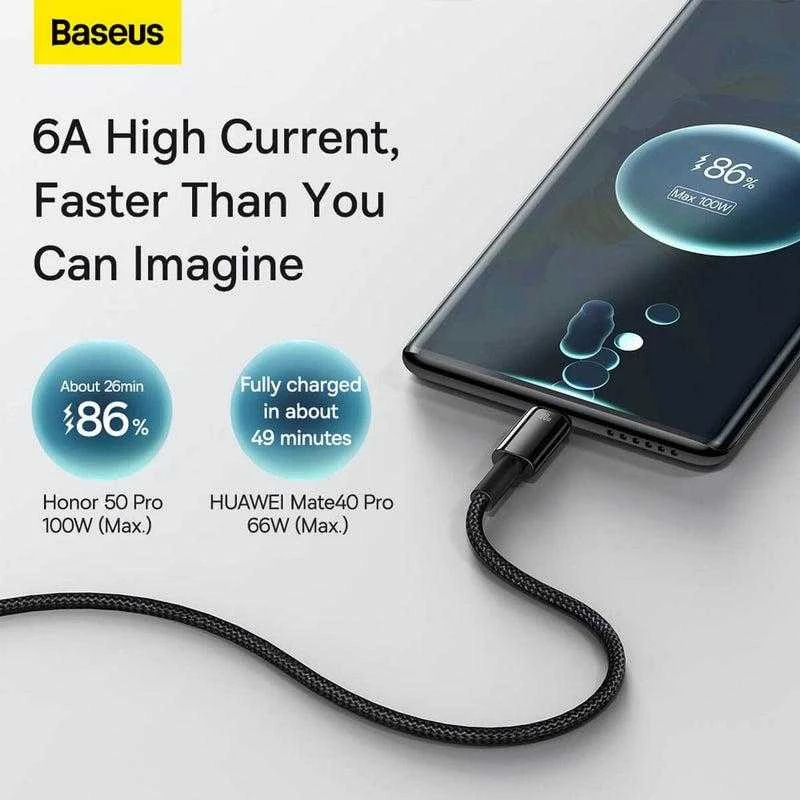 Baseus volframo auksinis kabelis USB prie USB-C, 100 W, 2 m (juodas)
