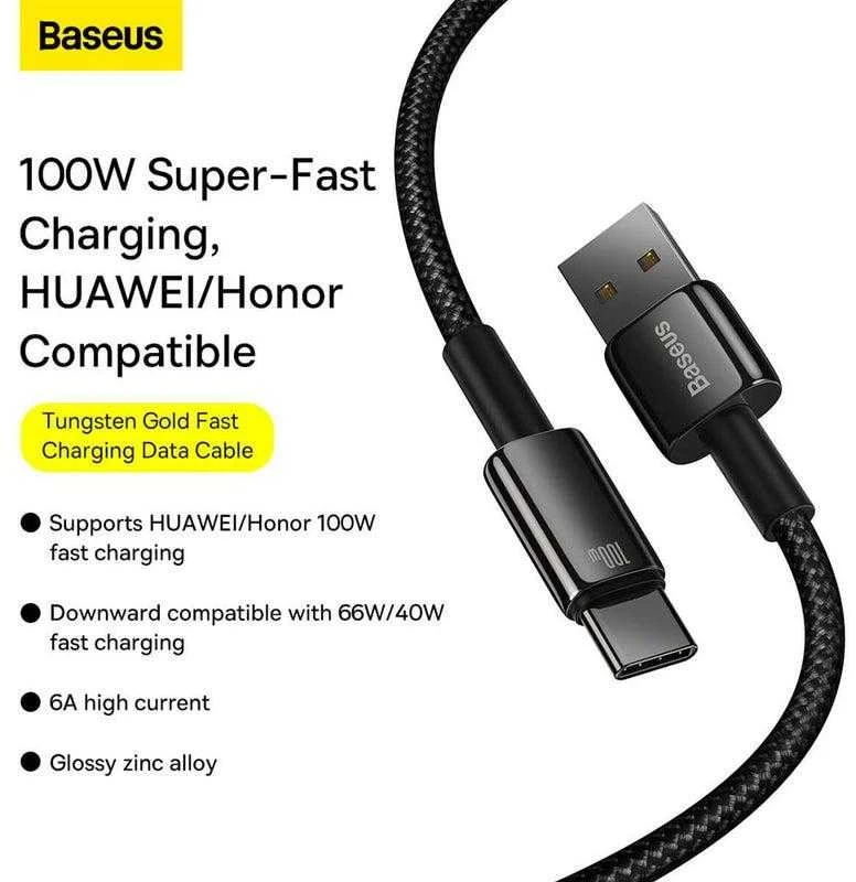 Baseus volframo auksinis kabelis USB prie USB-C, 100 W, 2 m (juodas)