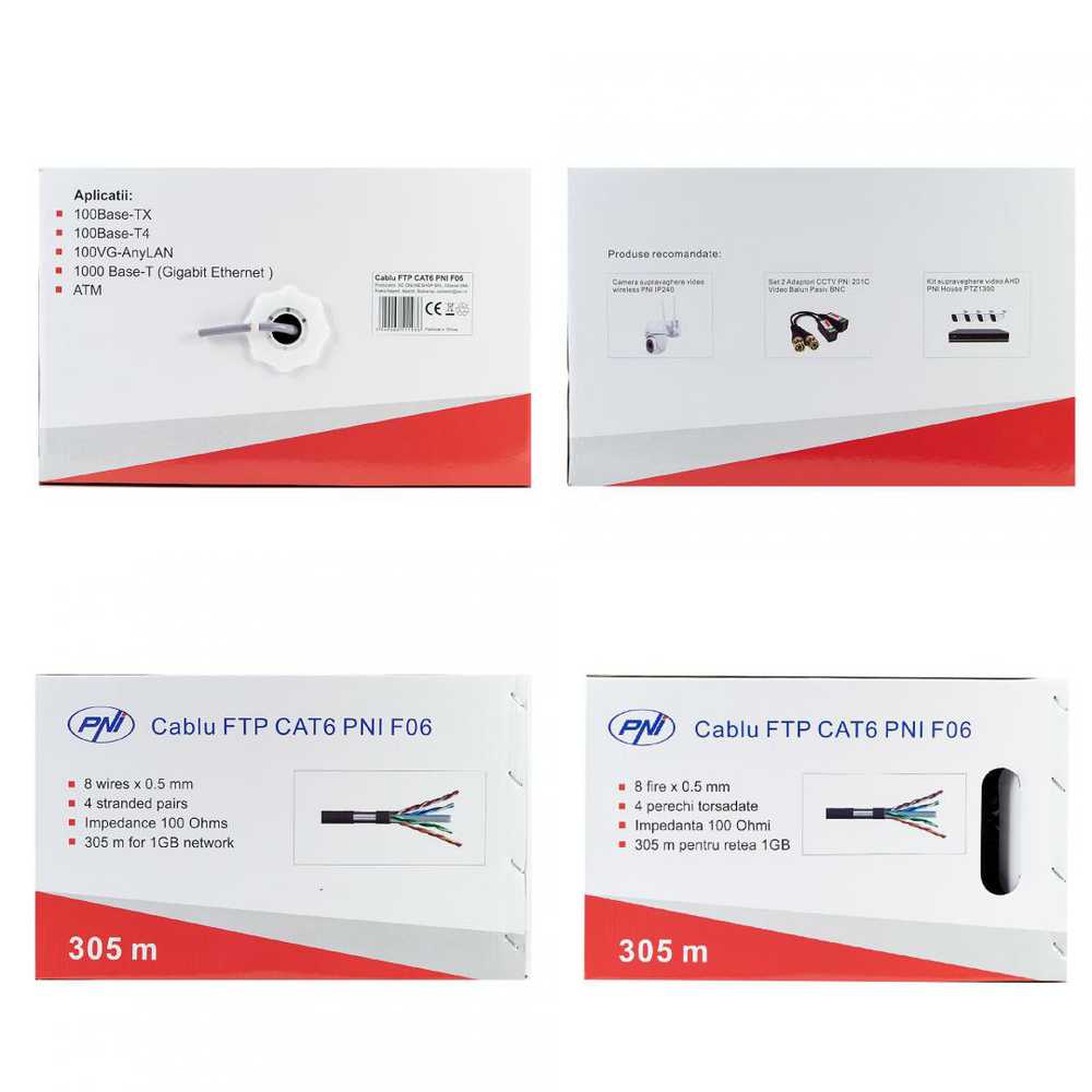 FTP kabelis CAT6 PNI F06 su 4 poromis 1 Gigabit internetui ir stebėjimo sistemoms, ritė 305m