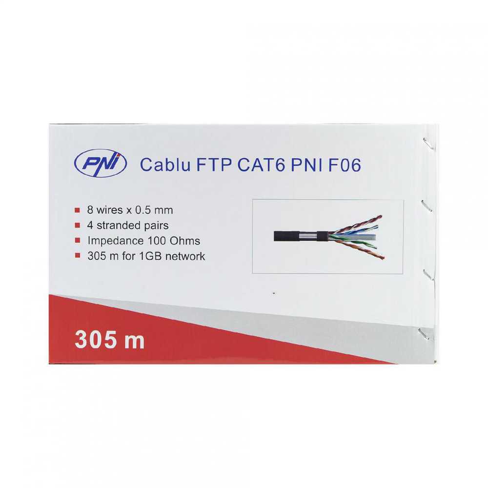 FTP kabelis CAT6 PNI F06 su 4 poromis 1 Gigabit internetui ir stebėjimo sistemoms, ritė 305m