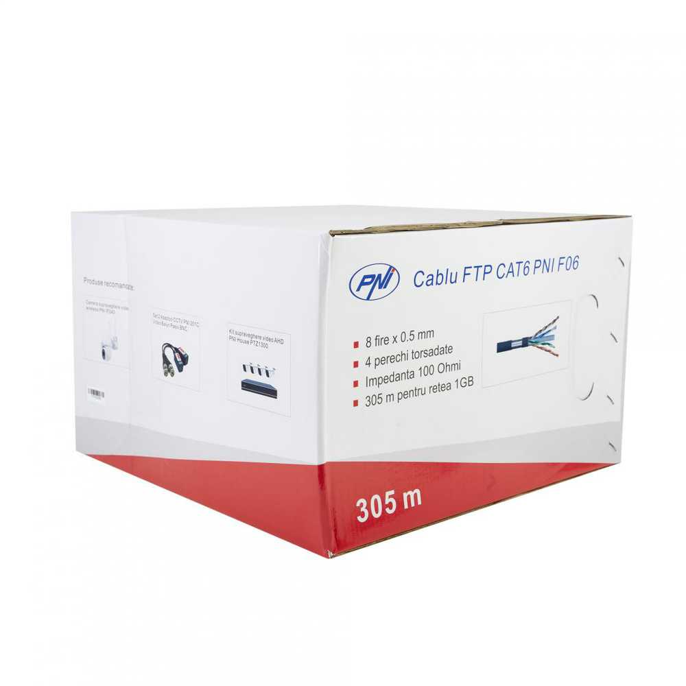 FTP kabelis CAT6 PNI F06 su 4 poromis 1 Gigabit internetui ir stebėjimo sistemoms, ritė 305m