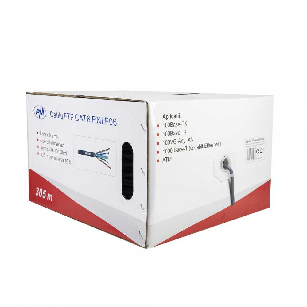 FTP kabelis CAT6 PNI F06 su 4 poromis 1 Gigabit internetui ir stebėjimo sistemoms, ritė 305m