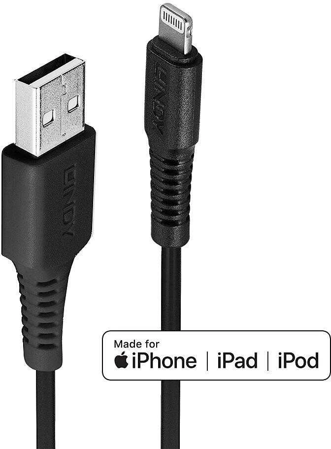 USB Kabelis - LINDY USB Type A į Lightning Laidas, M/M, 480Mbps, 0.5 m, Juodas