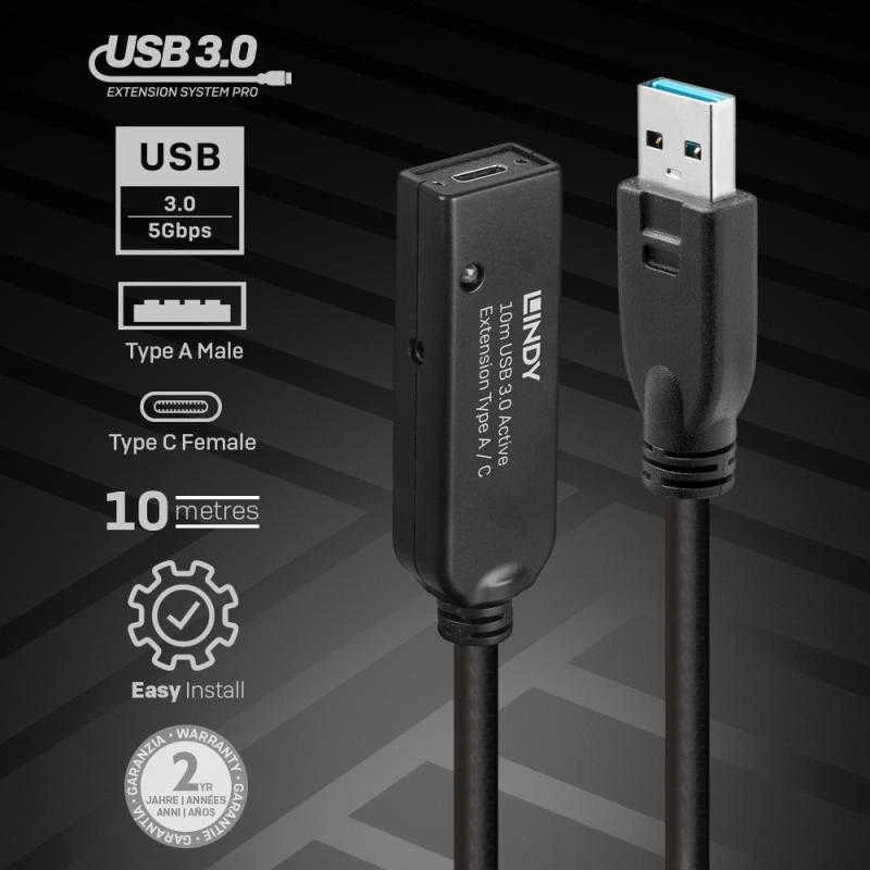 USB Prailginimo Laidas - LINDY USB 3.0 Aktyvus Prailginimo Laidas Type A į C, 10 m, Juodas