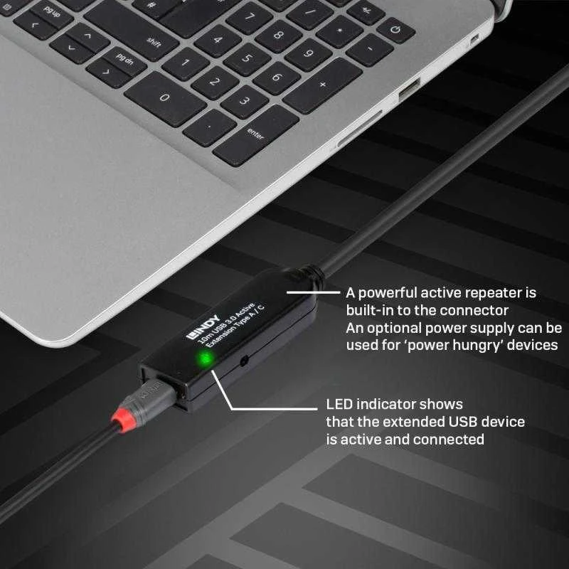 USB Prailginimo Laidas - LINDY USB 3.0 Aktyvus Prailginimo Laidas Type A į C, 10 m, Juodas