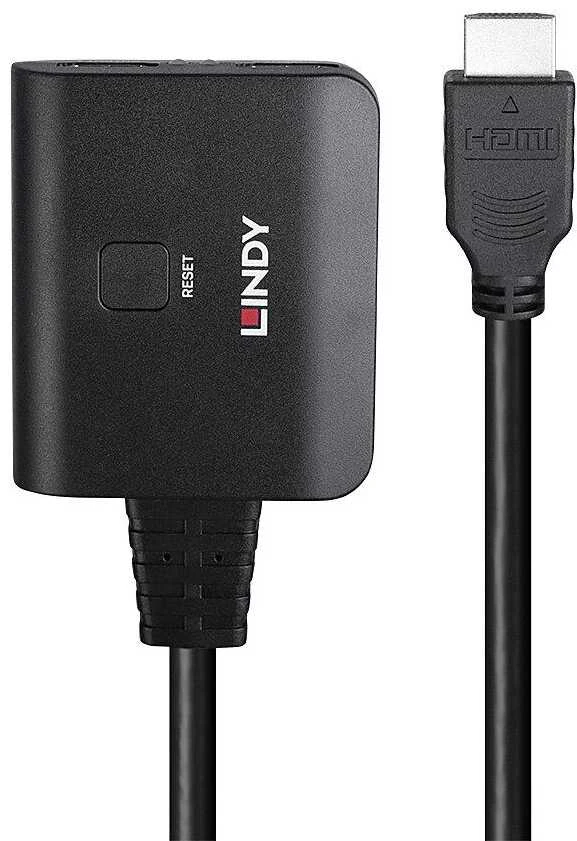 HDMI Skirstytuvas - LINDY 2 Prievadų HDMI Skirstytuvas, 4K60, 18Gbps, Atstatymo Mygtukas, Juodas