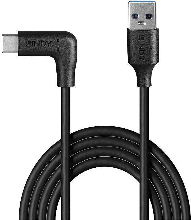 USB Kabelis - LINDY USB 3.2 Type A į C Laidas, M/M, 10Gbps, 90° Dešinysis Kampas, 1 m, Juodas