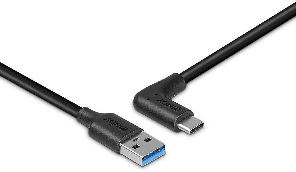 USB Kabelis - LINDY USB 3.2 Type A į C Laidas, M/M, 10Gbps, 90° Dešinysis Kampas, 1 m, Juodas