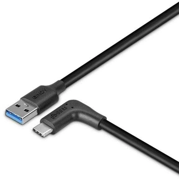 USB Kabelis - LINDY USB 3.2 Type A į C Laidas, M/M, 10Gbps, 90° Dešinysis Kampas, 1 m, Juodas