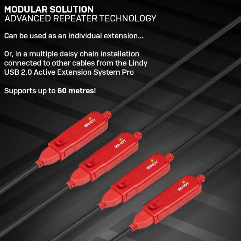 USB Prailginimo Laidas - LINDY USB 2.0 Aktyvus Prailginimo Laidas Pro Extend Type M/F, 8 m, Juodas