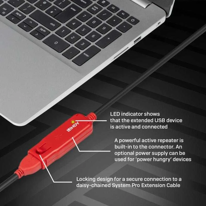 USB Prailginimo Laidas - LINDY USB 2.0 Aktyvus Prailginimo Laidas Pro Extend Type M/F, 8 m, Juodas