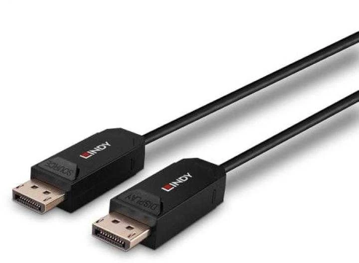 DisplayPort Kabelis - LINDY Šviesolaidinis Hbridinis DisplayPort 2.0 UHBR10 Kabelis, M/M, 50 m, Juodas