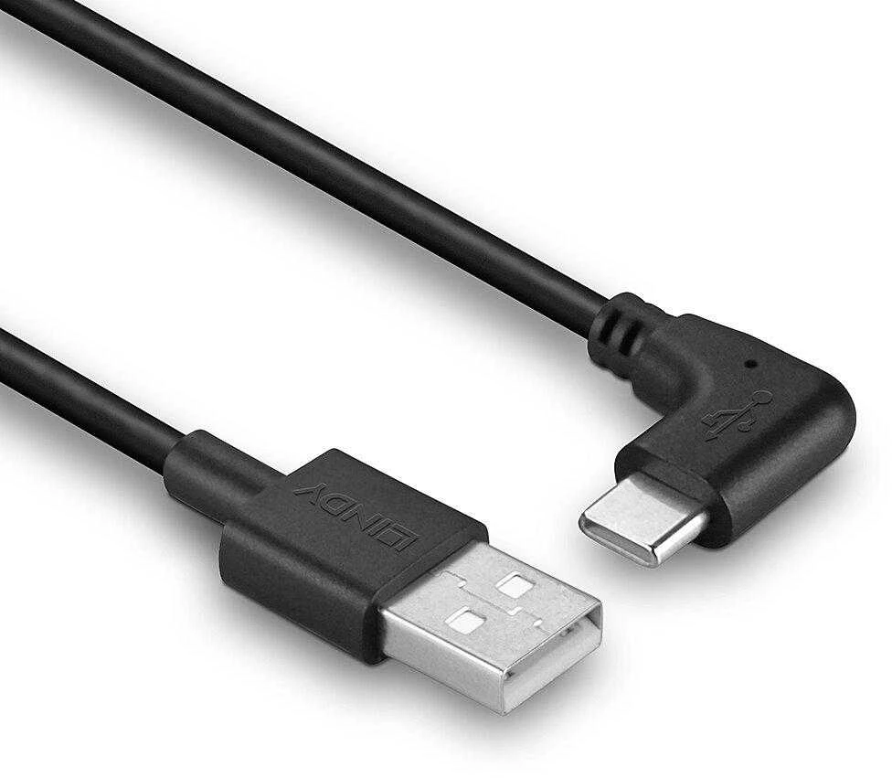 USB Kabelis - LINDY USB 2.0 Tipo A į C Laidas, 90° Dešinysis Kampas, 480Mbps, 15W, 1 m, Juodas