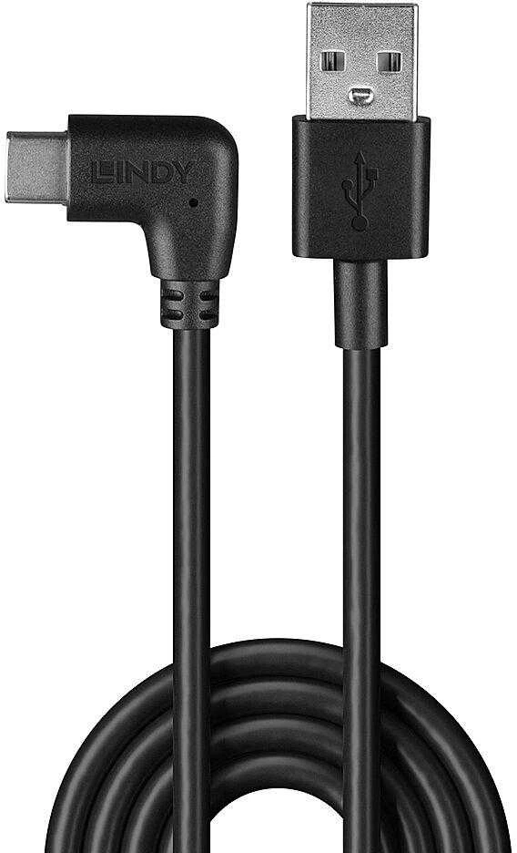 USB Kabelis - LINDY USB 2.0 Tipo A į C Laidas, 90° Dešinysis Kampas, 480Mbps, 15W, 1 m, Juodas