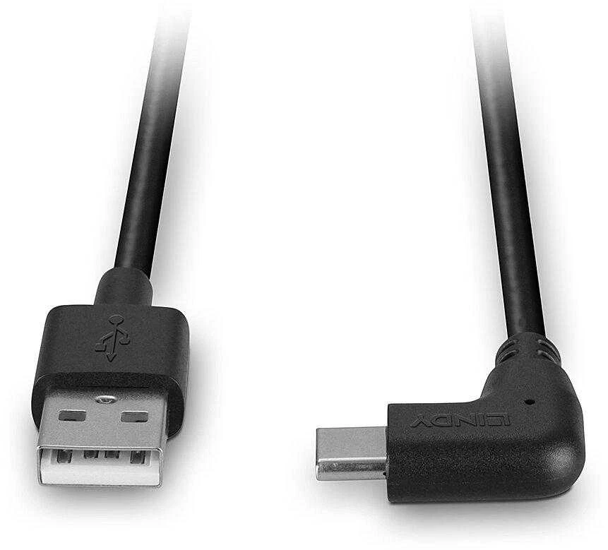 USB Kabelis - LINDY USB 2.0 Tipo A į C Laidas, 90° Dešinysis Kampas, 480Mbps, 15W, 1 m, Juodas