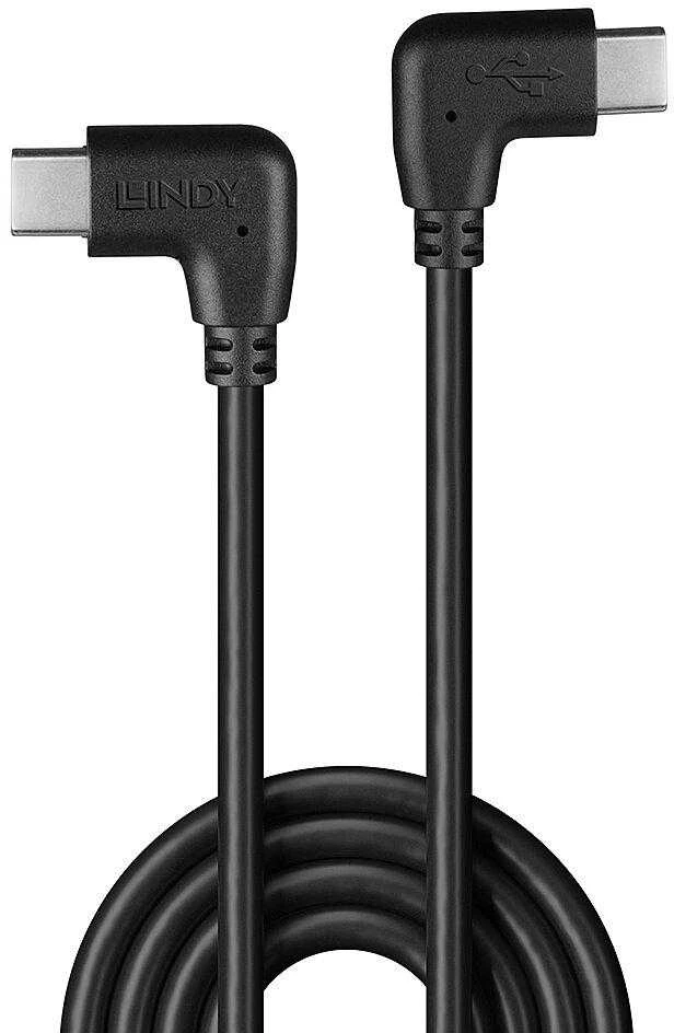 USB Kabelis - LINDY USB 2.0 Type C Laidas, M/M, 60W PD, 90° Dešinysis Kampas, 1 m, Juodas