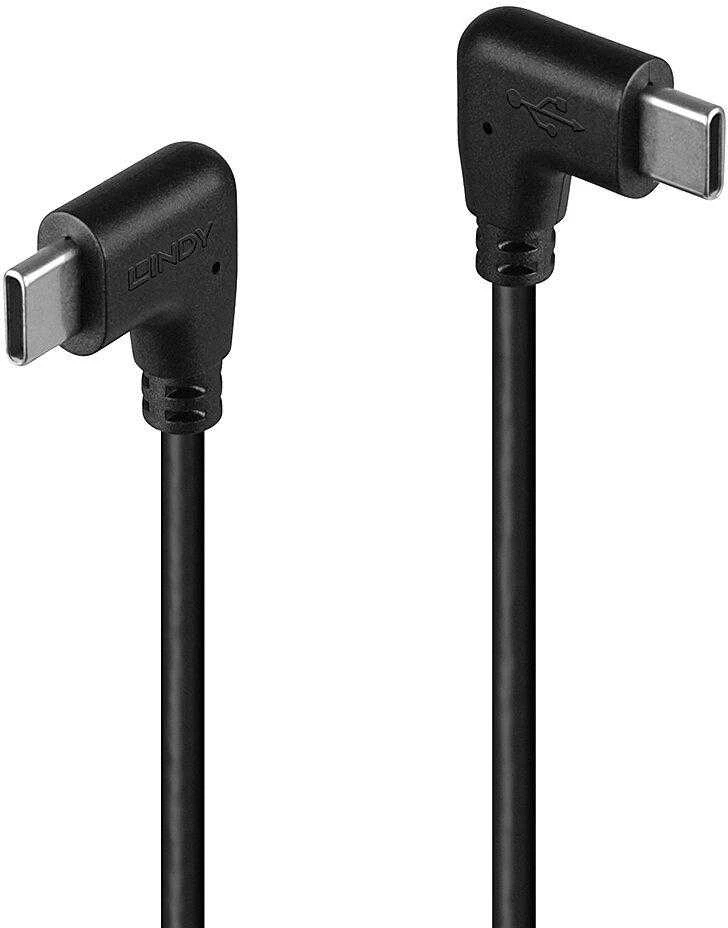 USB Kabelis - LINDY USB 2.0 Type C Laidas, M/M, 60W PD, 90° Dešinysis Kampas, 1 m, Juodas