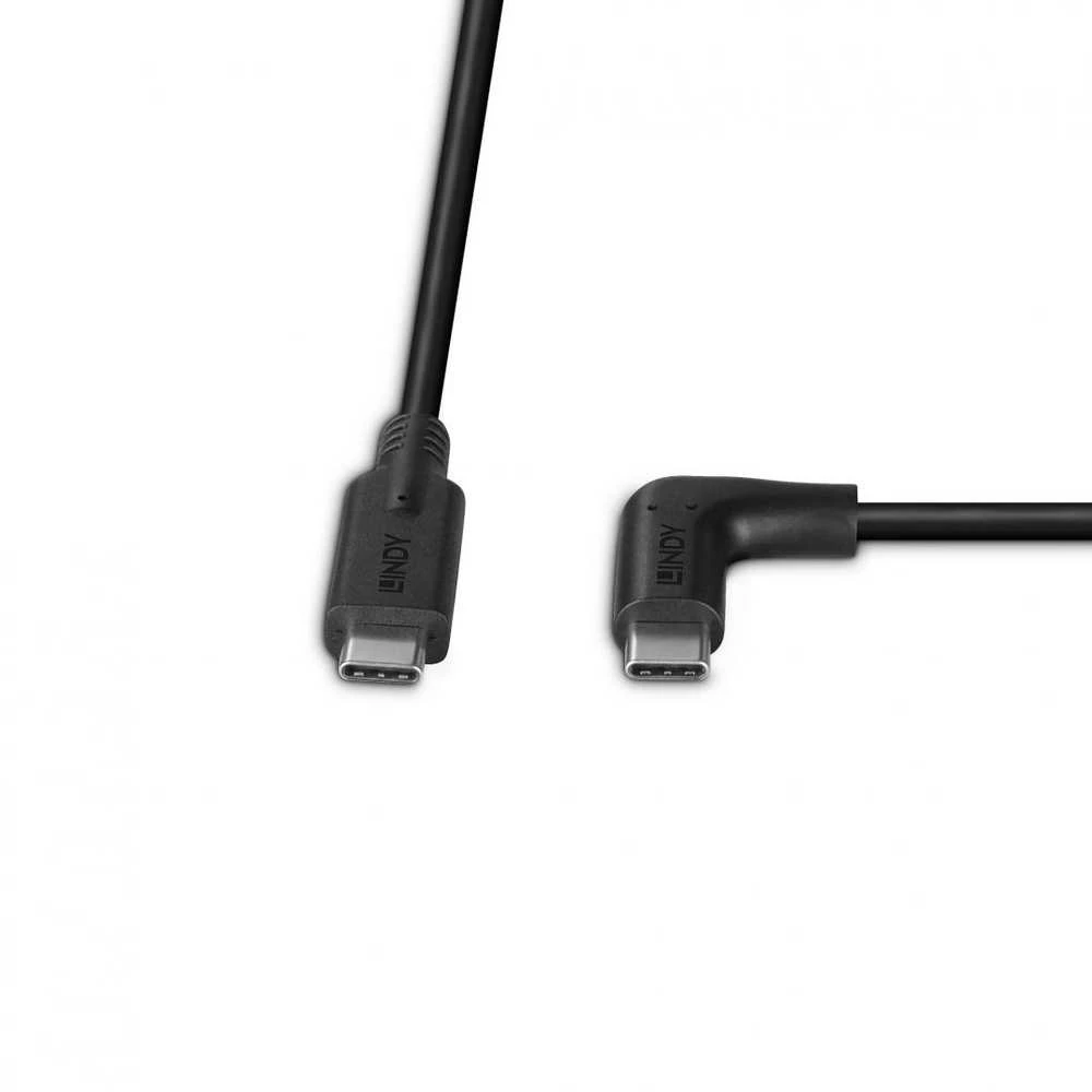 USB Kabelis - LINDY USB 3.2 Type C Laidas, M/M, 90° Kampu, 10Gbps, 60W PD, 1 m, Juodas