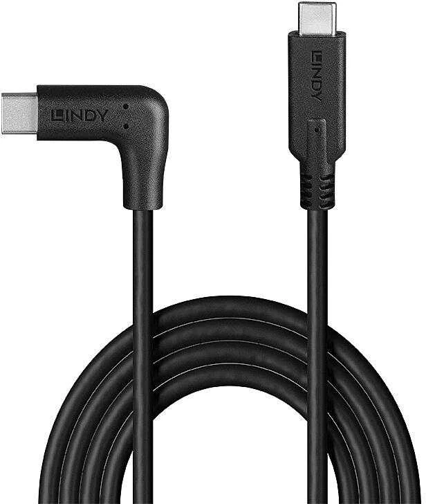 USB Kabelis - LINDY USB 3.2 Type C Laidas, M/M, 90° Kampu, 10Gbps, 60W PD, 1 m, Juodas
