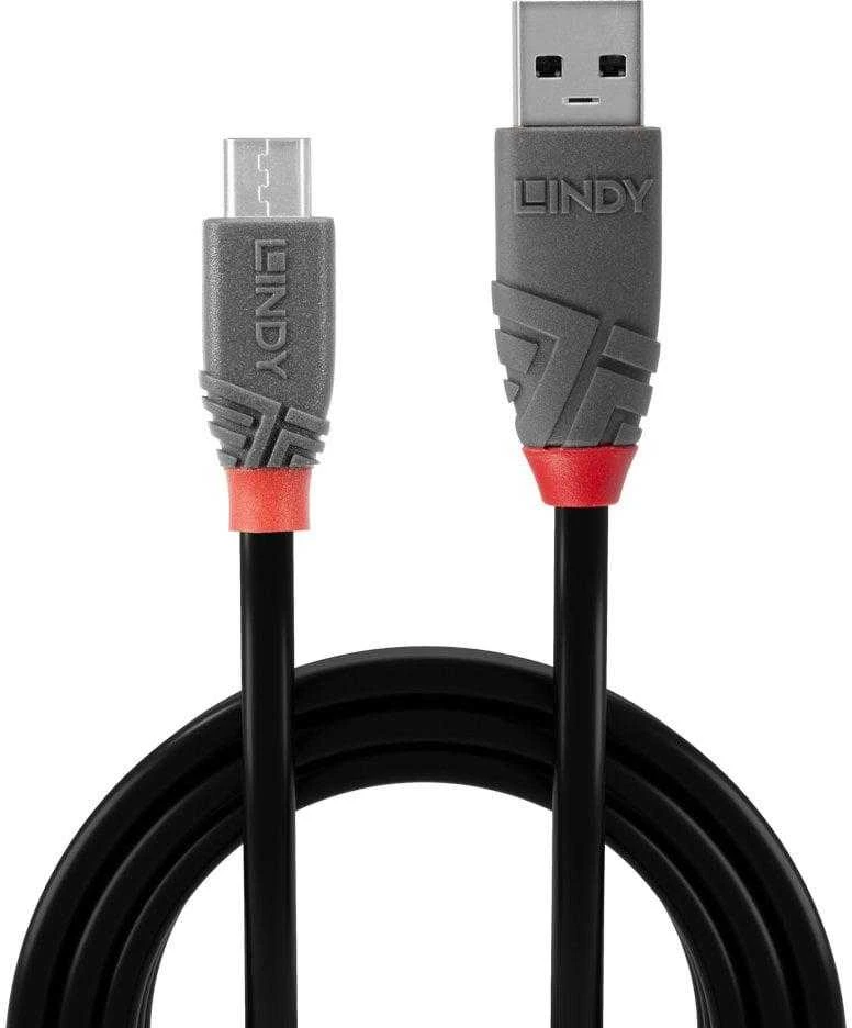 USB Kabelis - LINDY Anthra Line USB 2.0 Type A į Micro-B Laidas M/M, 2 m, Juodas